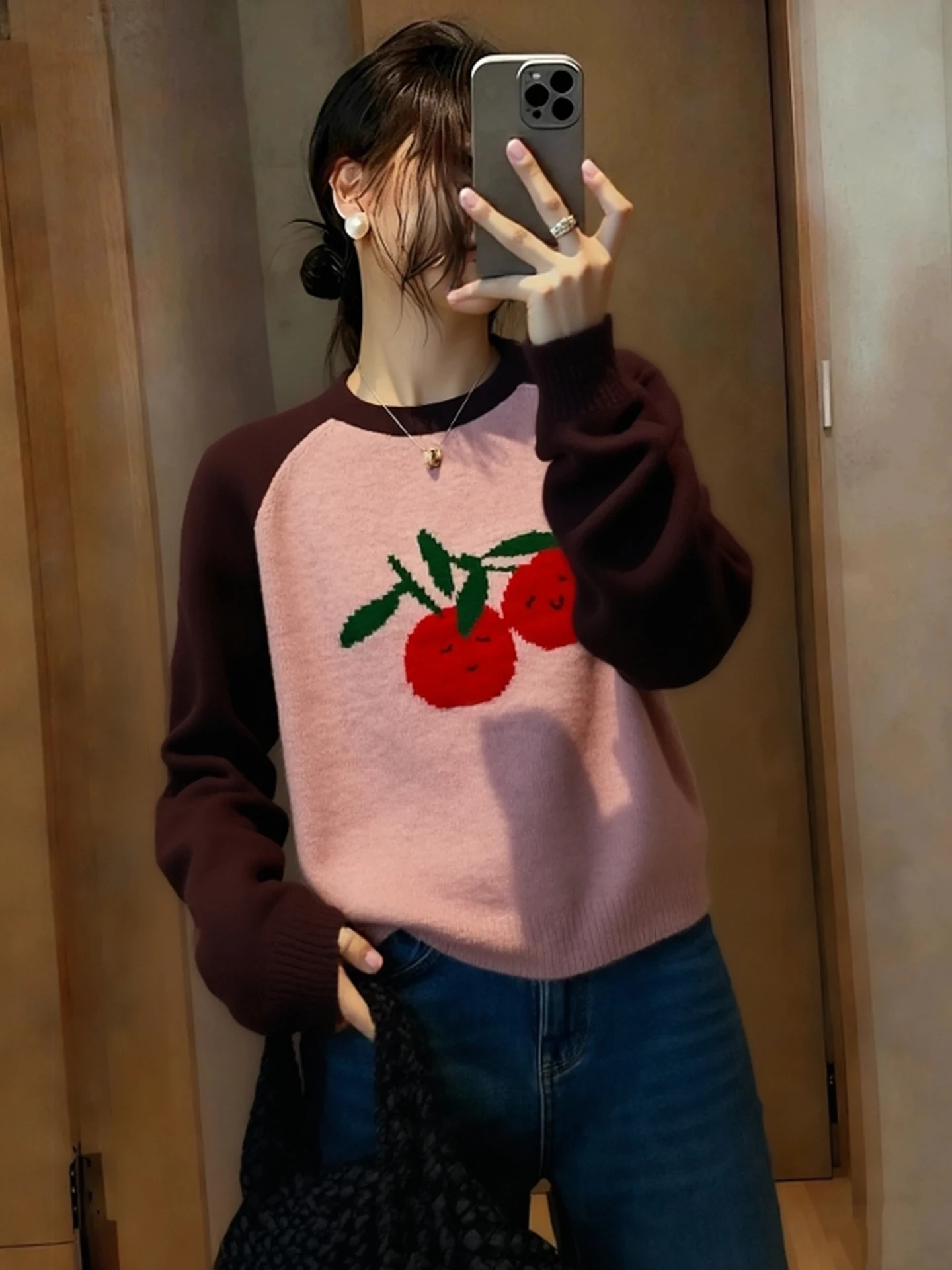 

Korean Sle Long Sve Camere Sweater Color Blo Design Ele round Ne Knitted Winter Faion Women's Top