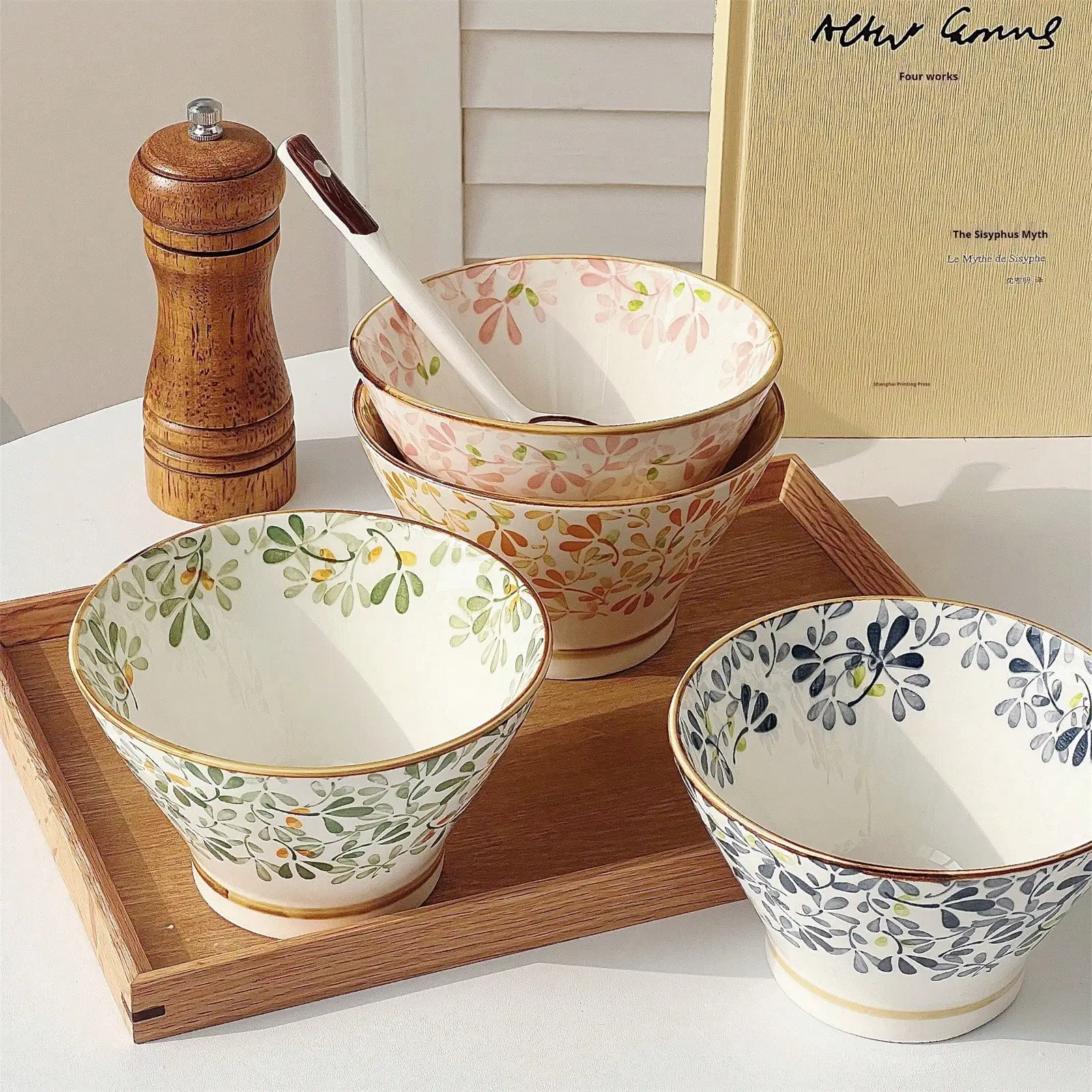 4-Piece Ceramic Rice Bowl Set With Spoons, Featuring Floral Patterns, Suitable For Meals, Hot Pot, BBQ, Camping, And As Gifts. Oven, Microwave And Dishwasher Friendly. Sh2411284884307791