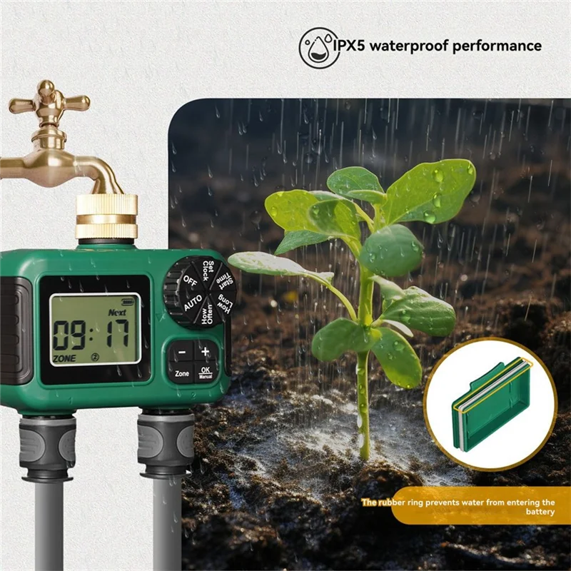 

A98Z 2-выходный таймер воды, спринклерный таймер IP55, водонепроницаемый контроллер орошения с ЖК-дисплеем для 2 отдельных зон полива
