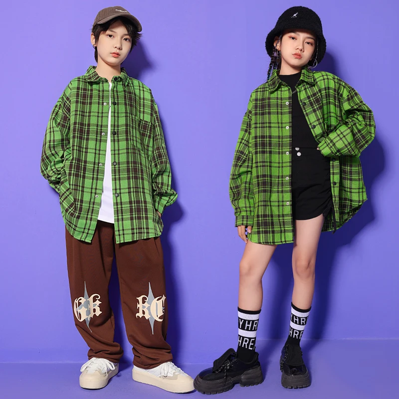 Teenage Girl Boy Kpop Streetwear Hip Hop Clothing Oversize Green Shirt Joggers Pants For Kids Jazz Dance Costume Concert Clothes