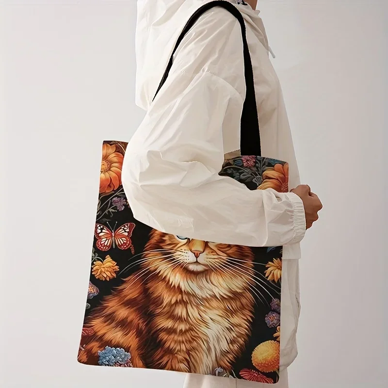 Women's Orange Cat Floral Print Tote Bag Large Reusable Beach Shoulder Bag with Vibrant Butterfly Design