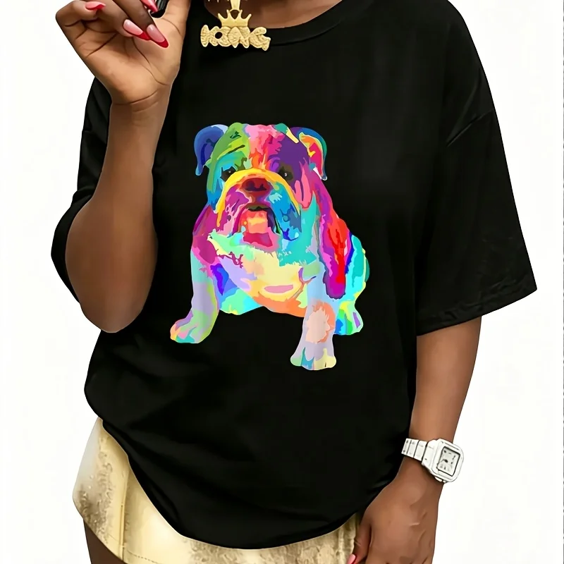Dog Lover Gifts S Colorful Cool English Bulldog Women's 100% Cotton T-Shirt Fun Print Short Sleeve Top Casual Round Neck Tee S-5Xl