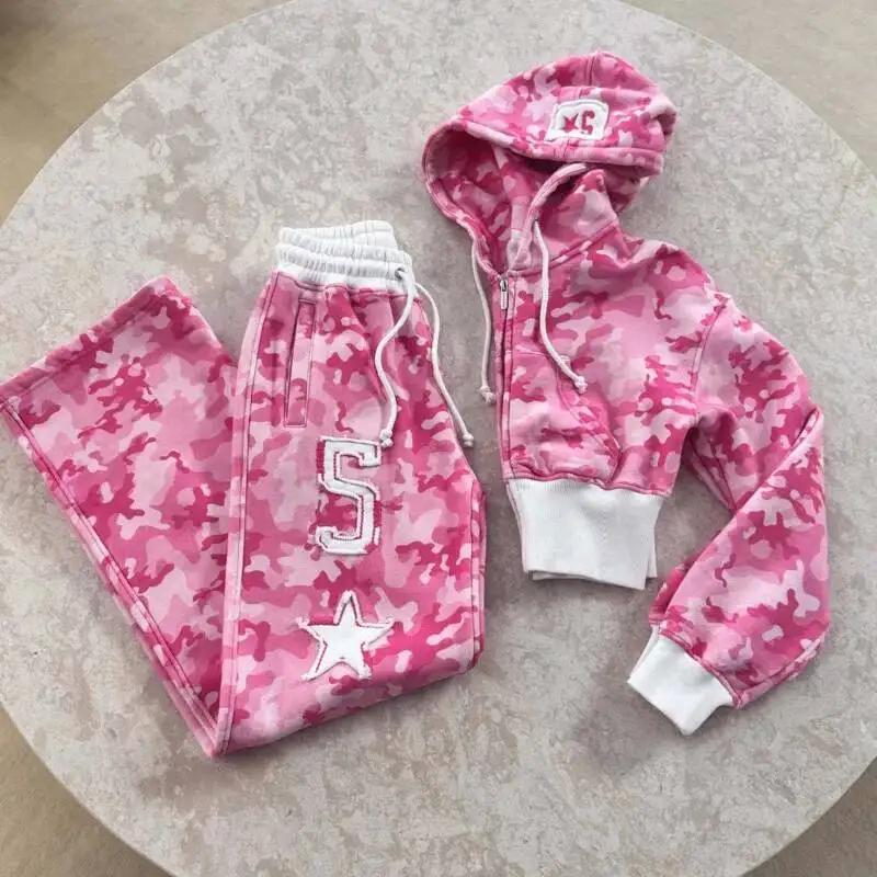 Setelan Celana Pendek Ala Jalanan Kamuflase Wanita Atasan Crop Tanpa Lengan Set 2 Potong Hip-Hop Pendek Serut Celana Olahraga Kasual Hoodie Y2k