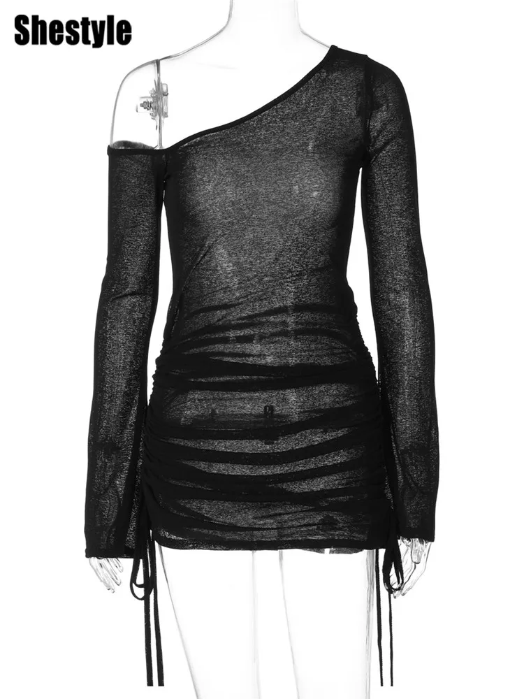 Shestyle 시스루 원 숄더 시스 드레스 여성 비치웨어 긴 소매 Drawstring Ruched Solid Sheer 섹시한 Clubwear Clothes