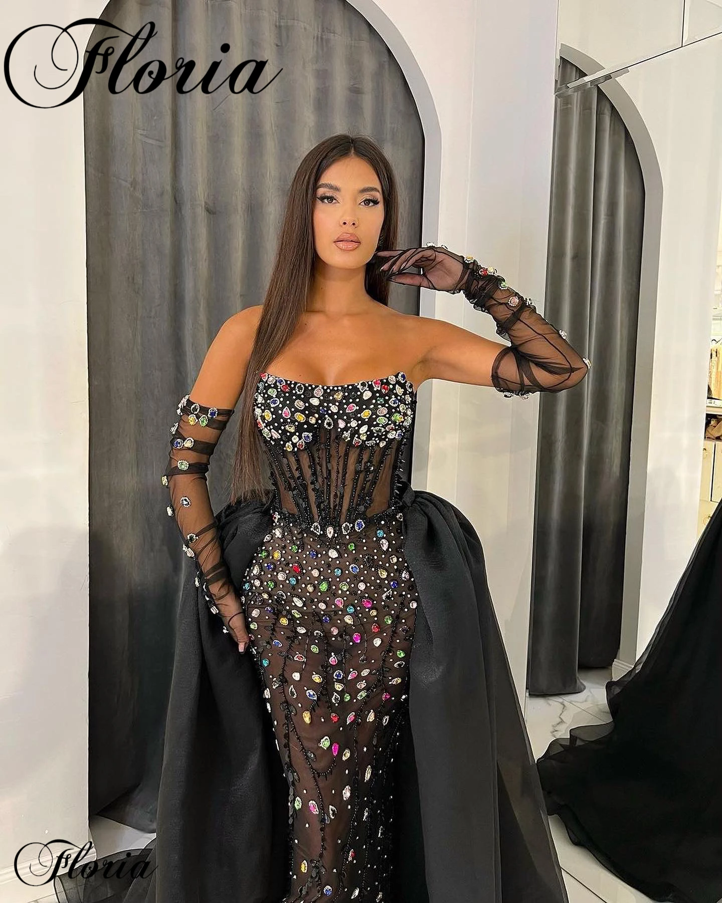 Vintage Black Evening Dresses With Detachable Train Full Handmade Sewing Crystals Celebrity Dresses Luxury Vestidos De Gala