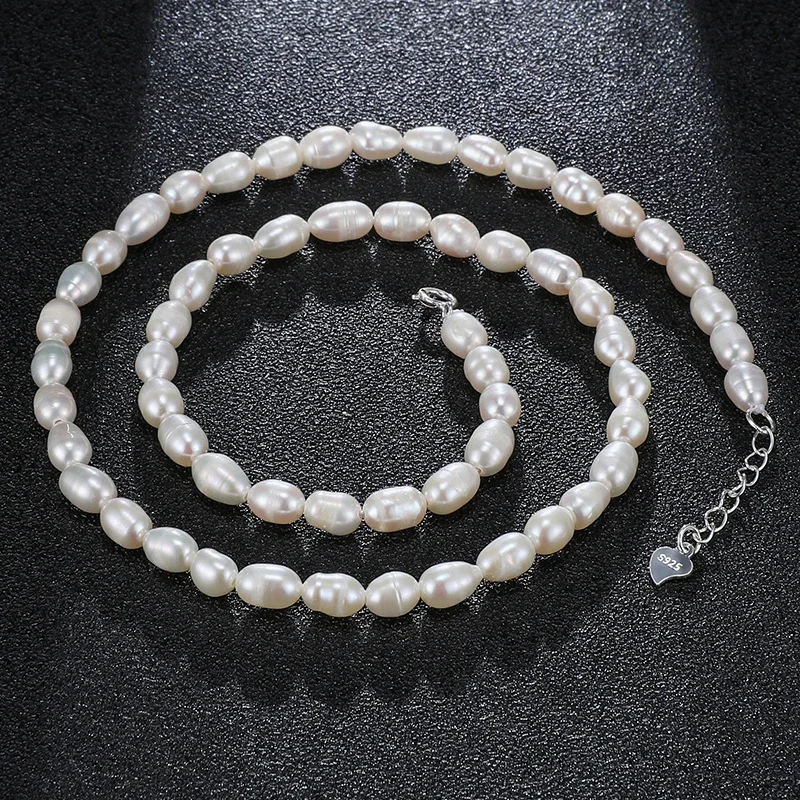 

Natural Freshwater Pearls Rice Shape Necklace Small Beads 4.5-5.5mm 925 Sterling Silver Chain Fashion Elegant Jewelry for Women