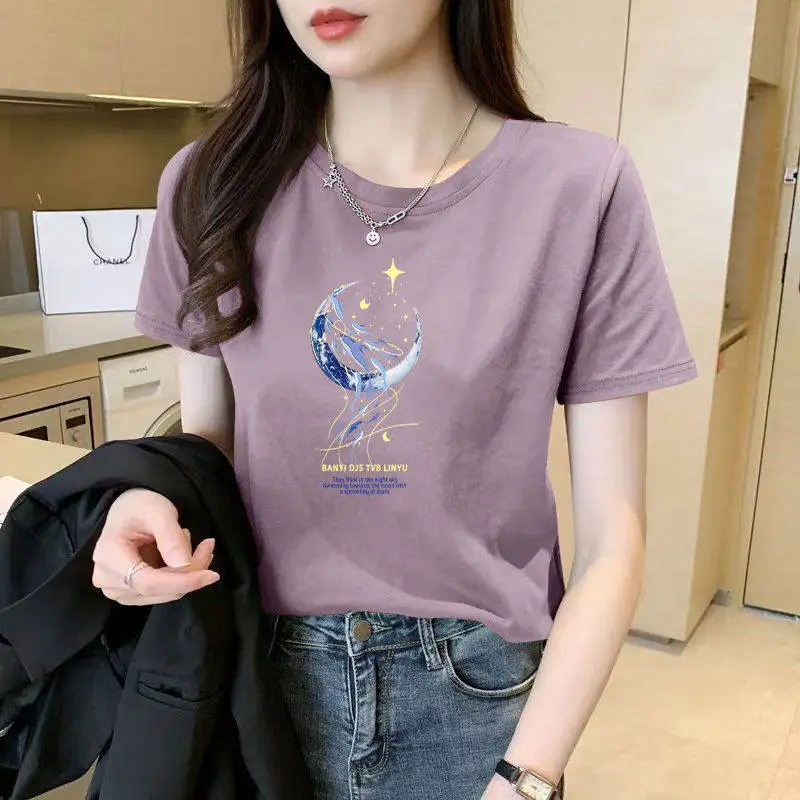 

Fashionable Mommy Style Short Sleeve round Neck T-Shirt Women's New Arrival Slimming Casual Korean Version Top Breathable