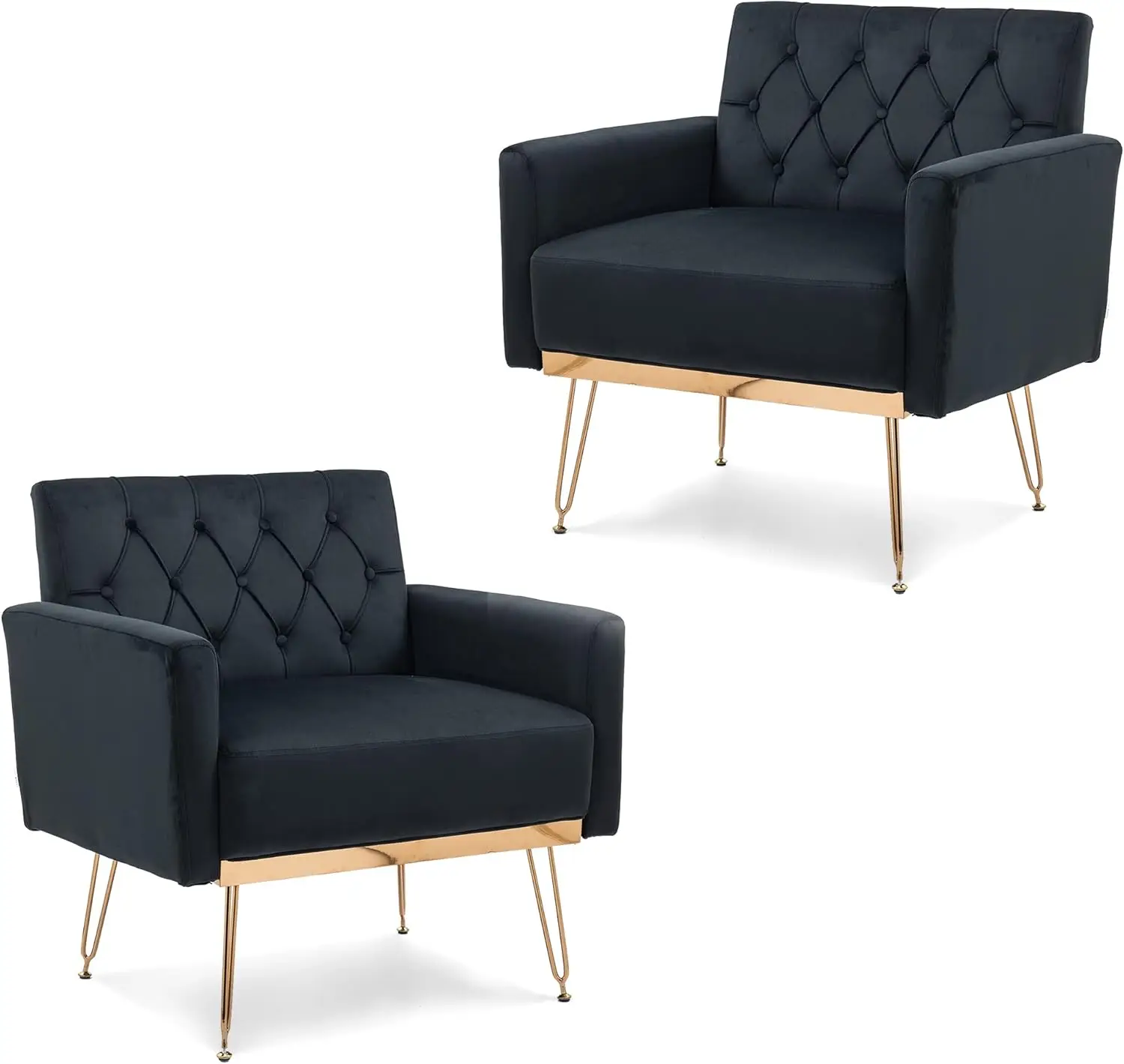 Accent Chair Set of 2,Velvet Armchair Single Sofa Modern Tufted Upholstered Side Reading Chairs with Arm and Gold Metal Le