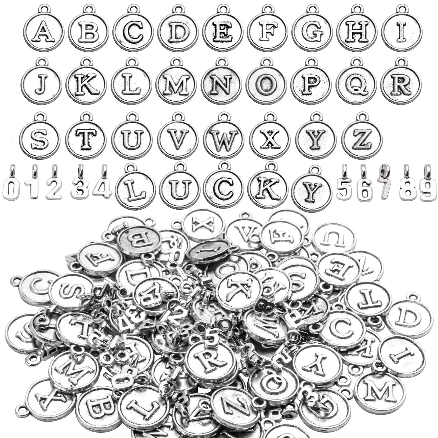

128pcs Antique Silver Alphabet & Number Charms - Round Letter A-Z & Numbers 0-9 Pendants - Mixed Alloy Charms for DIY Necklace