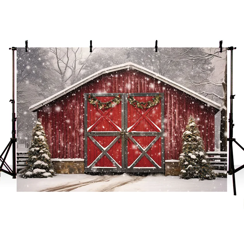 Mehofond Winter Forest Christmas Backdrop Photography Snow Old Red Barn Xmas Tree Children Portrait Background Photo Studio Prop