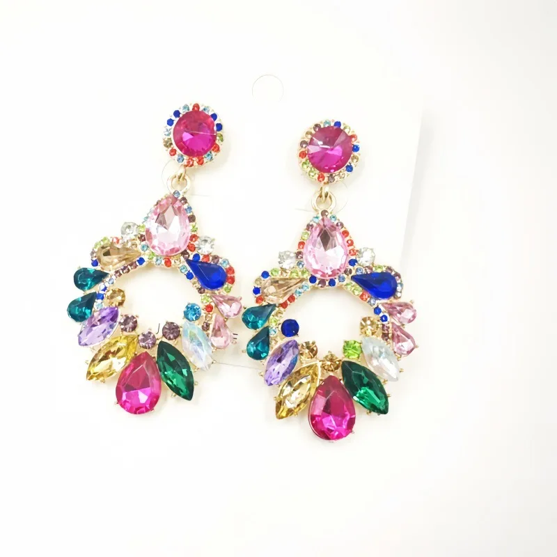 Fashion style multi-layer hollow rhinestone acrylic diamond with diamonds geometric colored diamond earrings women's super flash