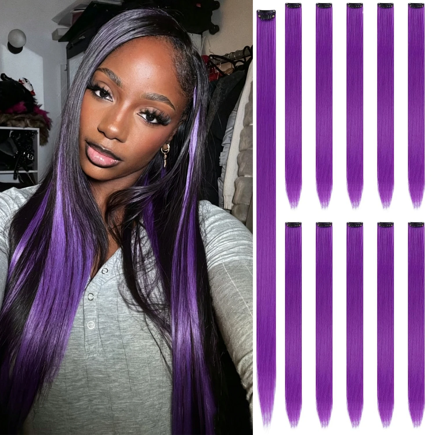 11PCS Colored Purple Hair Extensions 22 Inch Colorful Clip in Hair Extensions Straight Synthetic Hairpiece for Women Kids Girls