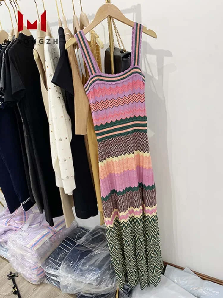 

High Quality French Style Fashion Vintage Knitted Dress Sleeveless Women's Slimming Hit Color Wavy Striped Elegant Party Dresses