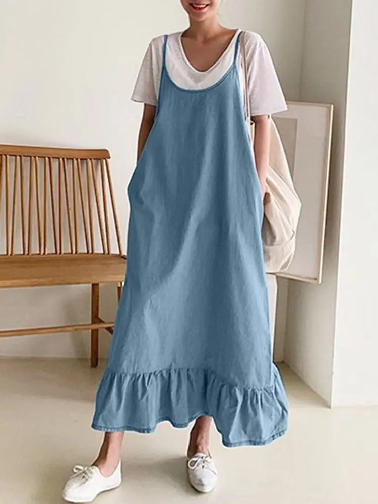 Fashion ZANZEA Women Denim Blue Sundress Summer Vintage Ruffles Casual Straps Solid Midi Vestidos Sarafans Overalls Dress S-