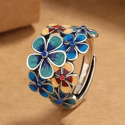 New Silver Color Cloisonné Enamel Flowery for Women with Atmospheric Retro Ethnic Style Opening Adjustable Creative Index Finger