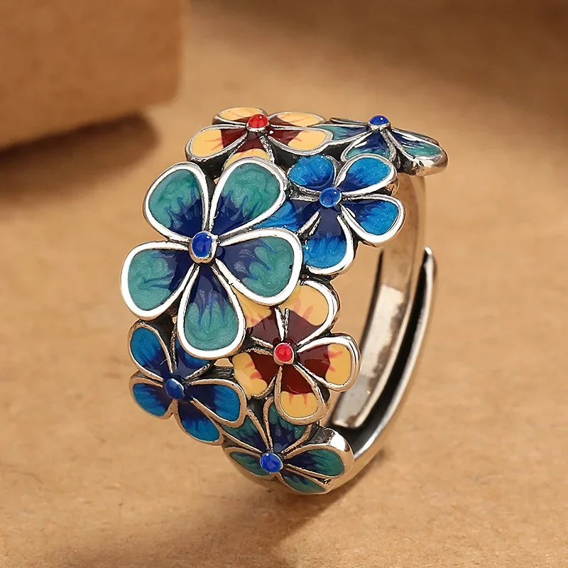 New Silver Color Cloisonné Enamel Flowery for Women with Atmospheric Retro Ethnic Style Opening Adjustable Creative Index Finger