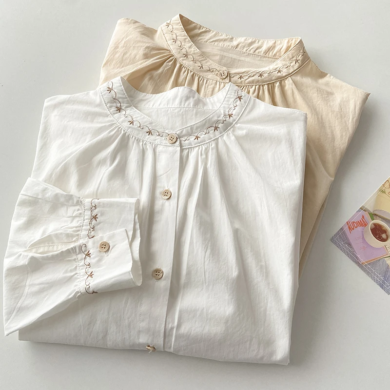 

Chic Solid Women T-Shirt Embroidery Turtleneck One Breasted Casual Tees Female Versatile Outfit White Blouses