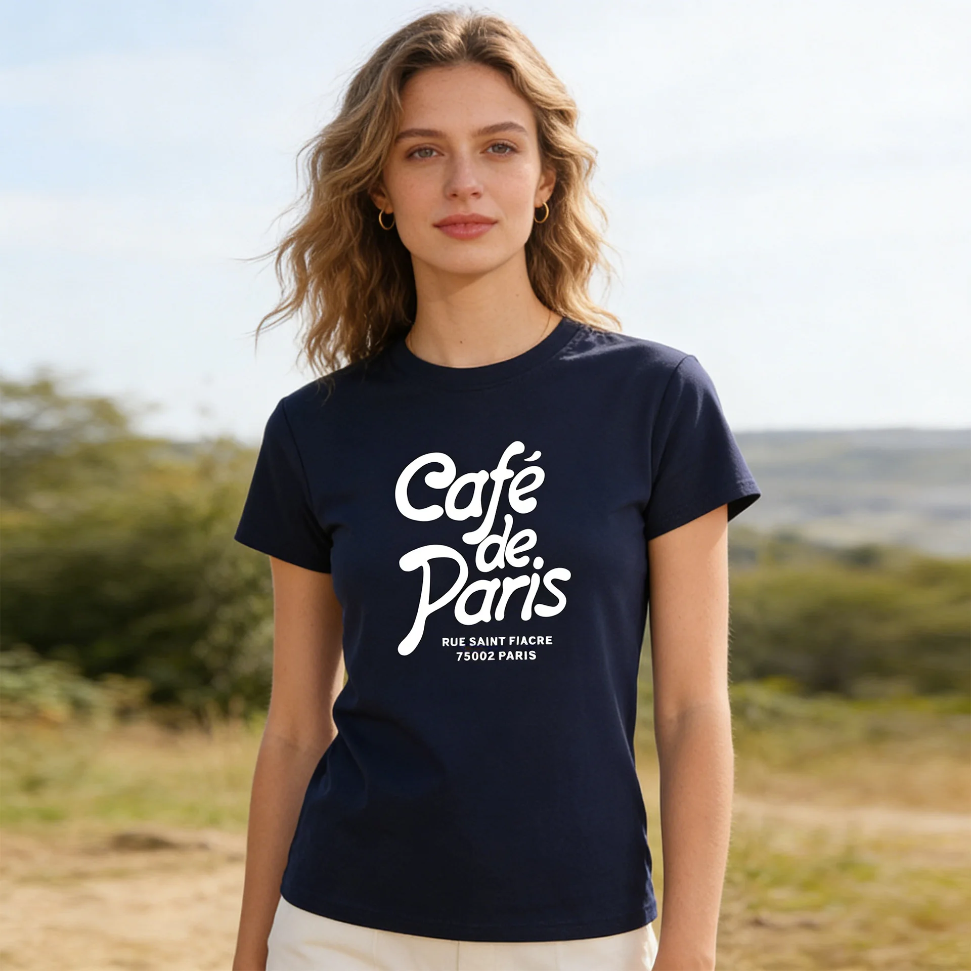 Cafe de Paris Letters Printing French Vintage Slim T Shirts Summer Short Sleeve Cotton Crewneck Tops Navy 2026 Elastic Tees