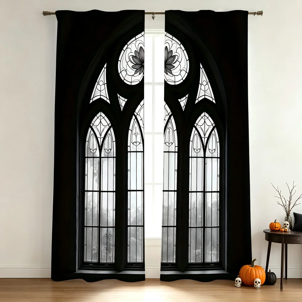 2PCS Digital Printed Curtain, Gothic Cathedral Church Window Pattern, Dark Gothic Style Window Drapes for Bedroom Living Room