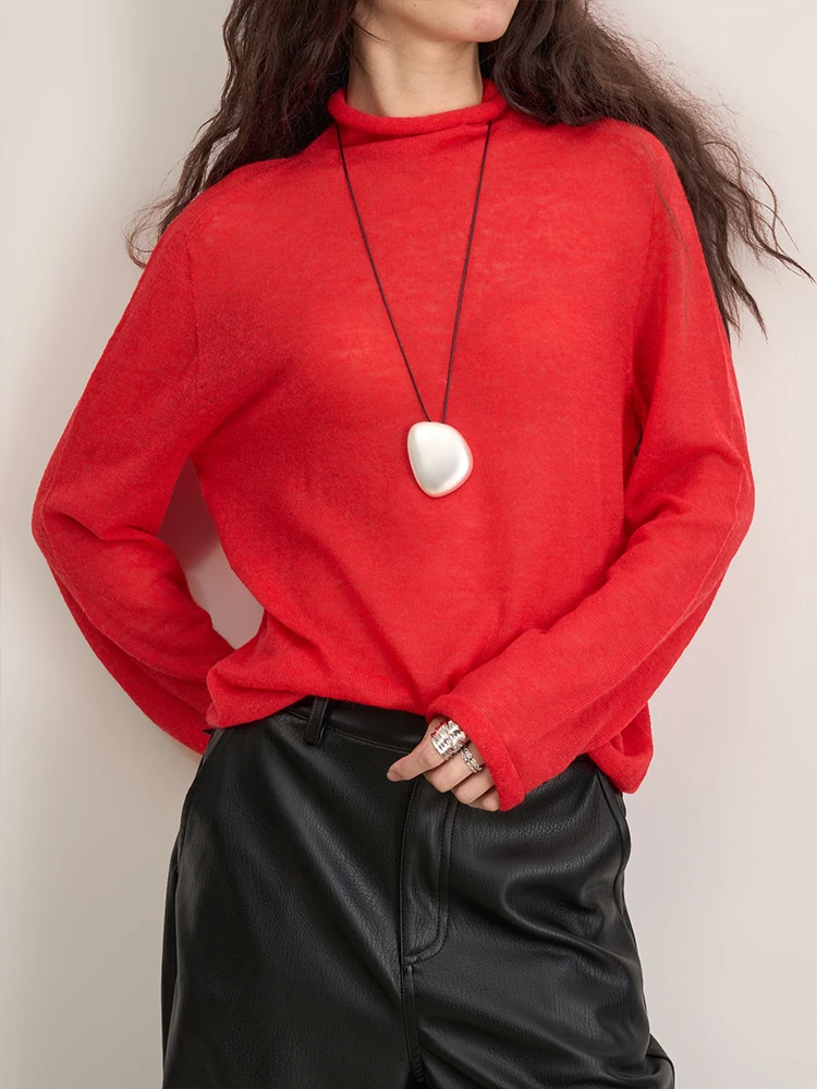 

Ultra-Thin Alpaca Wool Knitwear Classic Simple Chimney Collar l Cuffed Thin Base Layer Sweater for Women Autumn Winter