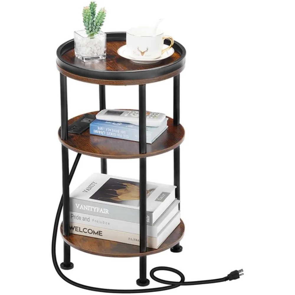 Small Round Side Table with Charging Station for Small Spaces, 3-Tier Round Accent Table with USB Ports & Power Outlets, Round C