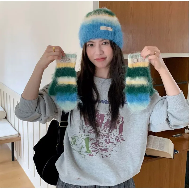 Rainbow Gradient Striped Knitted Beanie Hat Gloves Set Dopamine Y2K Warm Plush Wool Skullies Unisex Autumn Winter Coldproof Set