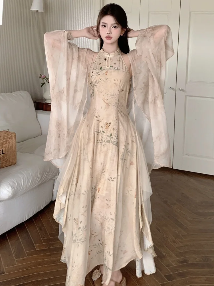 New Chinese Style Backless Printed Mesh Slimming Effect Sun Protection Dress High Waist Cardigan Set Women Fashion