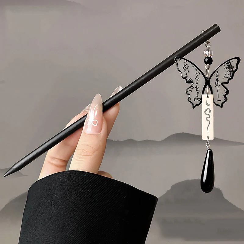 1pc 중국 고대 스타일 잉크 그림 나무 머리핀 하이 엔드 Tassels 편리한 빠른 머리핀 배열 Hanfu Qipao Headwear