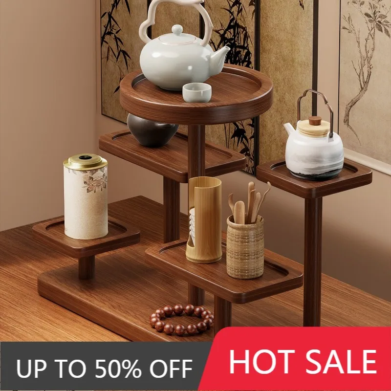 Solid Wood Teapot Racks Retro Multifunctional Teacup Storage Racks Tea Set Display Rack Living Room Entrance Storage Holders