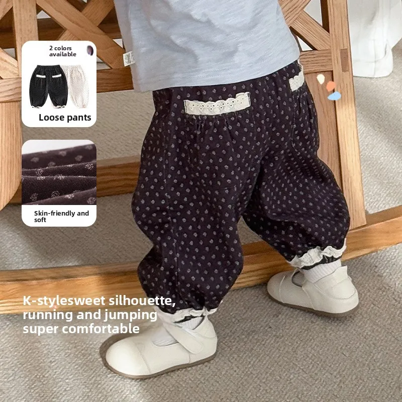 

Повседневные брюки с цветочным принтом для девочек, новинка 2023 года, осенний стиль, детские стильные хлопковые штаны контрастного цвета, детские осенние штаны в стиле ретро