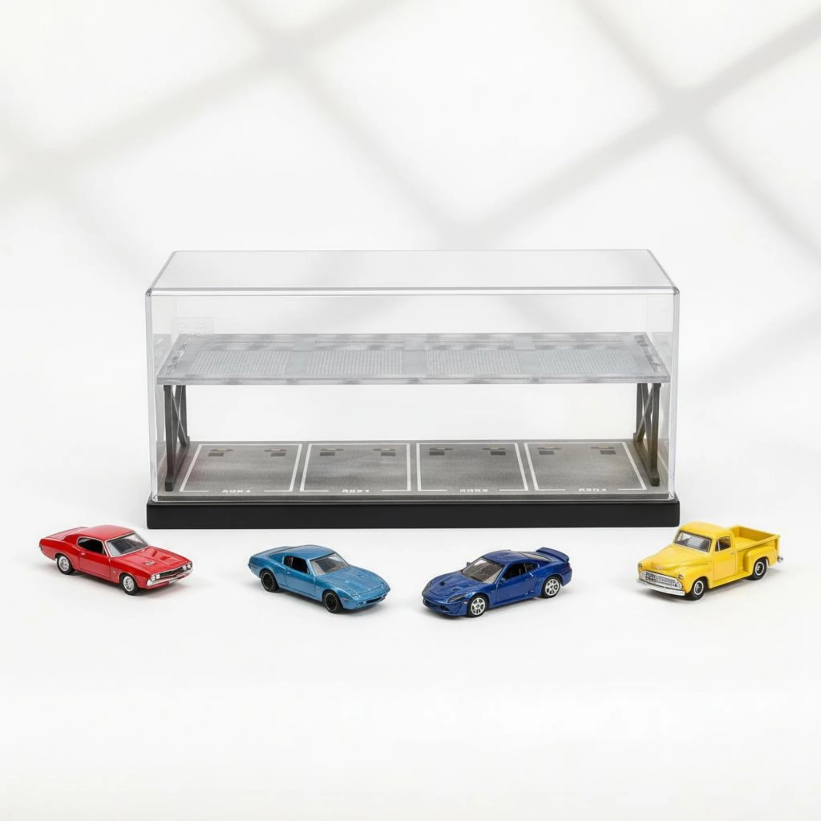 Diorama de Garaje para Autos a Escala 1:64, Garaje de Dos Niveles con Panel Frontal Transparente, Escena en Miniatura, Estacionamiento para Autos de Aleación