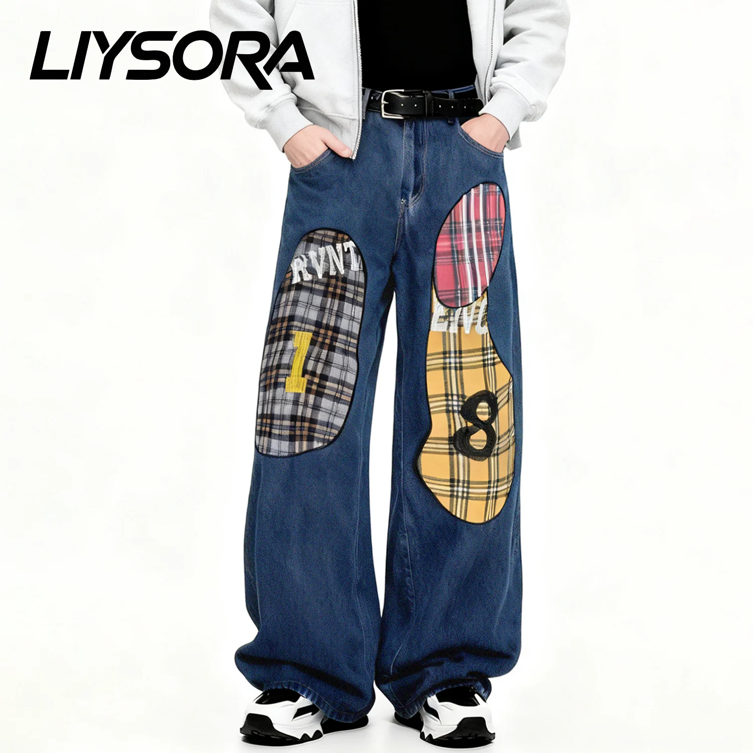 الرجال الموضة الأزرق الرجعية فضفاض واسعة الساق الجينز الكورية الشارع منقوشة التصحيح النسيج العصرية العلامة التجارية فضفاض الدنيم السراويل للجنسين الملابس #2