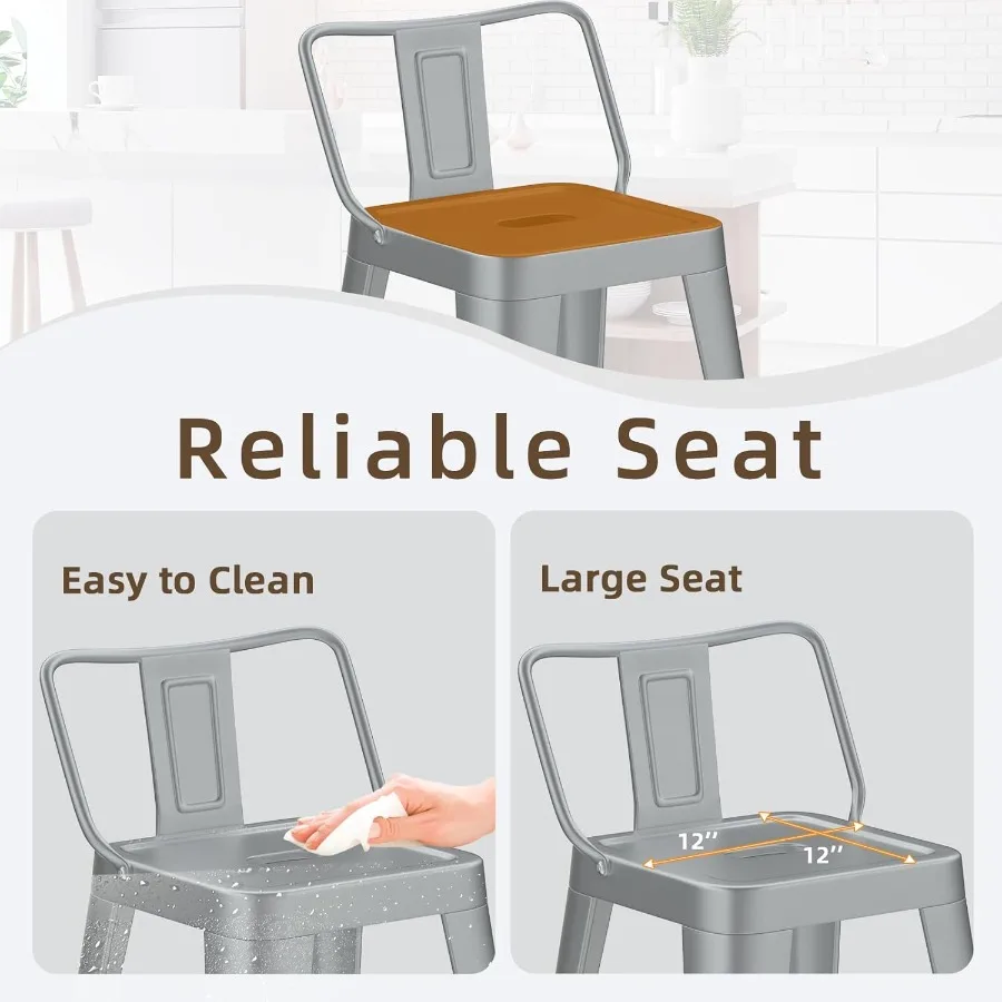 Conjunto de bancos de bar de metal de 24 polegadas com 4 cadeiras de bar modernas e industriais com encosto baixo para cozinha prata