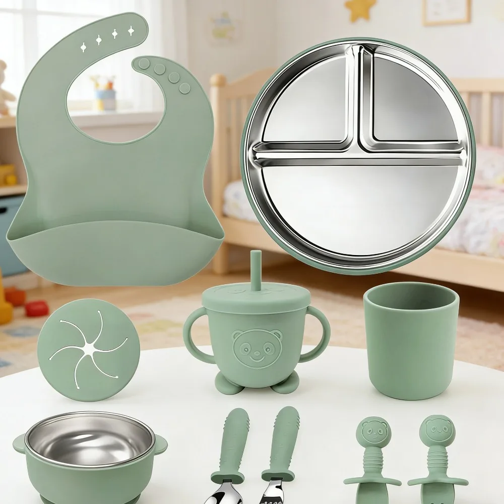

Посуда для малышей, набор из десяти предметов, набор тарелок из нержавеющей стали 304, миска для кормления ребенка, набор нагрудников