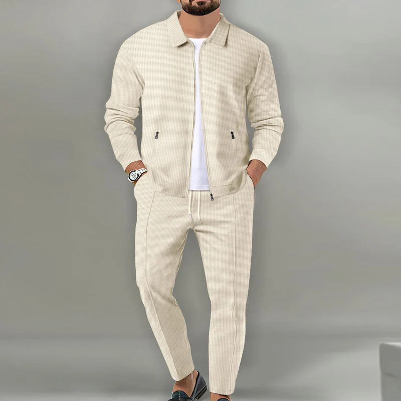 New Autumn Long Sleeve Zip Jackets & Drawstring Pants Set 2024 Solid Color Pockets Two Piece Tracksuit Men\'s Sports Fitness Suit