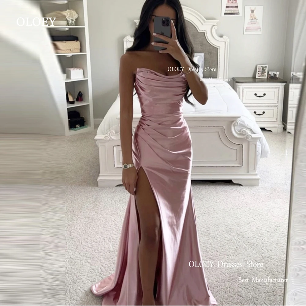 OLOEY Blush Pink Silk Long Party Evening Dresses Strapless Pleats Split Red Lavender Prom Gowns Sexy Formal Occasion Dress