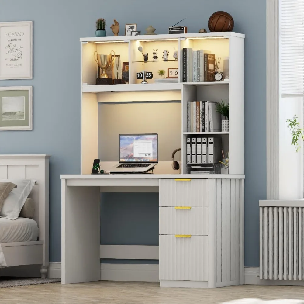 

LED study desk with storage cabinet, 47 home office desks with sockets and 3-color LED, bedroom desk