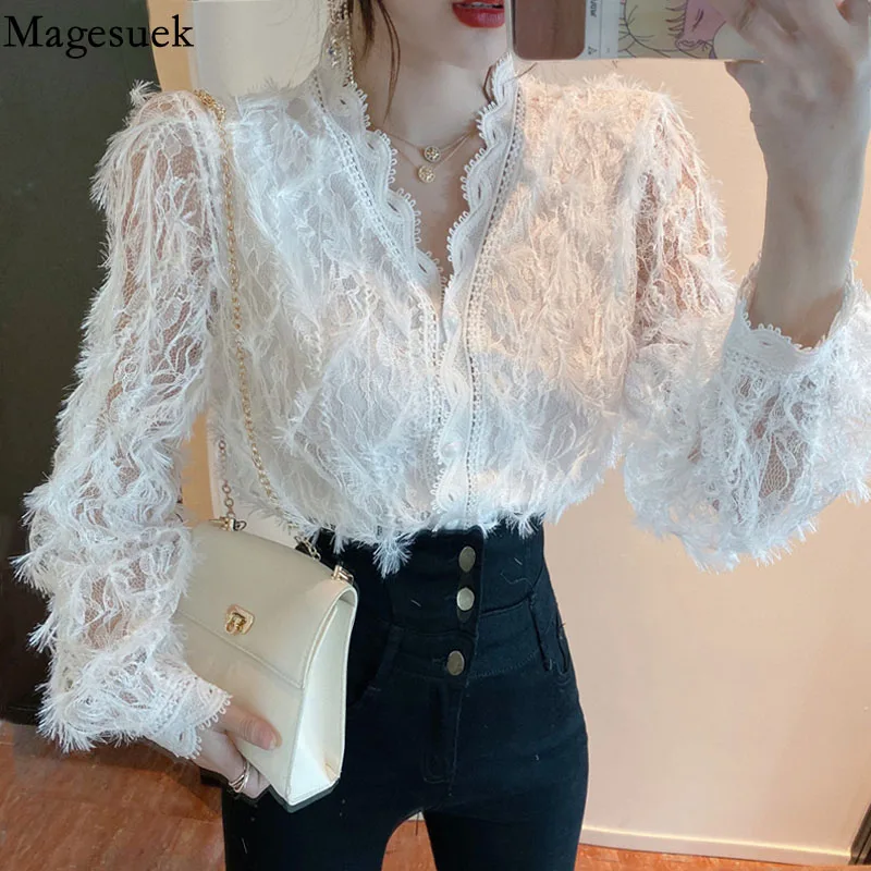 Vintage V-neck Long Sleeve Lace Blouse Women Tops Tassel White Shirts Blusas Hollow Out Lace Flowers Ladies Blouses Shirts 16095