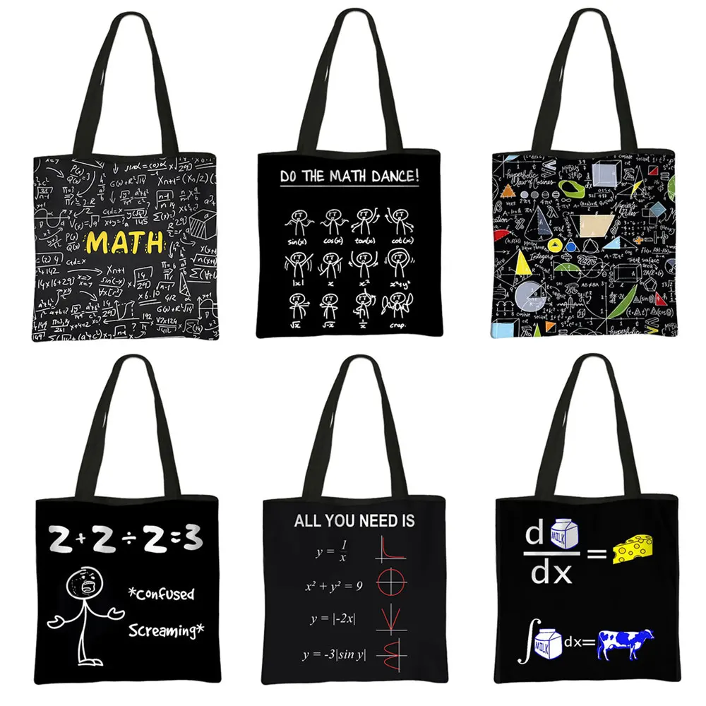 

Funny Math Formula Print Shoulder Bags Geometric Algebra Equation Casual Tote Bags Women Handbag Girl Storage Book Shopping Bag