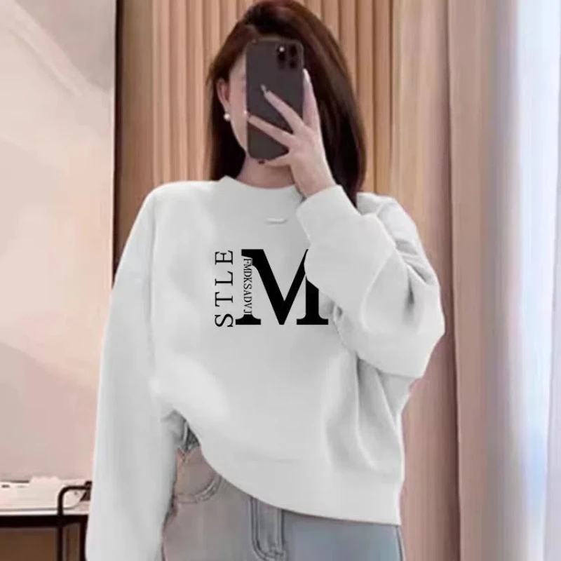 Korean Fashion Autumn Winter New Women O-Neck Letter Printing Plus Velvet Thicken Long Sleeve Loose Pullovers Sweatshirts Tops