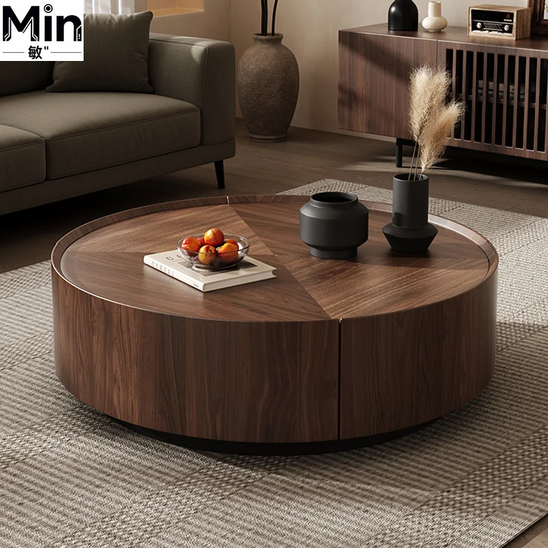 Mid Century Modern Walnut Wood Frame Round Storage Coffee Simple Solid Wood Center for Living Room Home Furniture