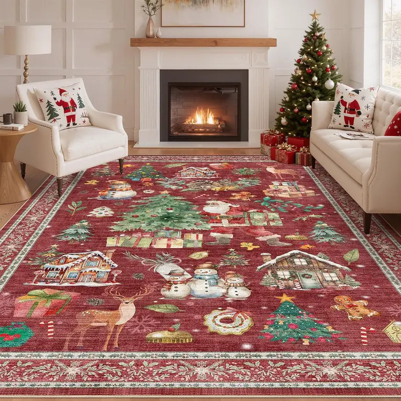 VIKAMA Vintage Christmas Santa Snowman Rug, Soft Crystal Velvet Plush Mat, Non Slip Washable Carpet for Living Room