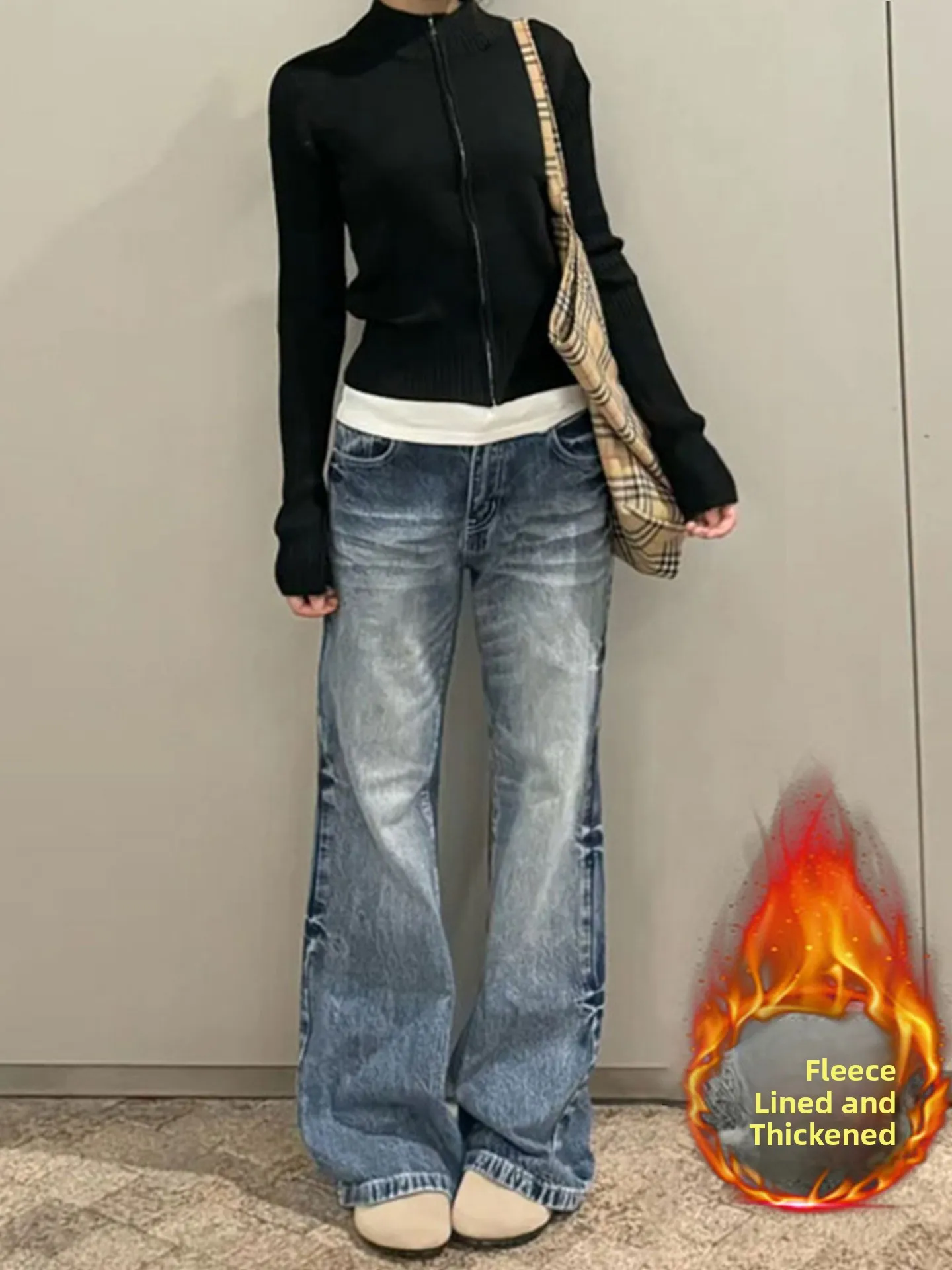 

Ретро-джинсы американского стиля с широкими штанинами, женские свободные утепленные джинсы с высокой талией, повседневные брюки в пол