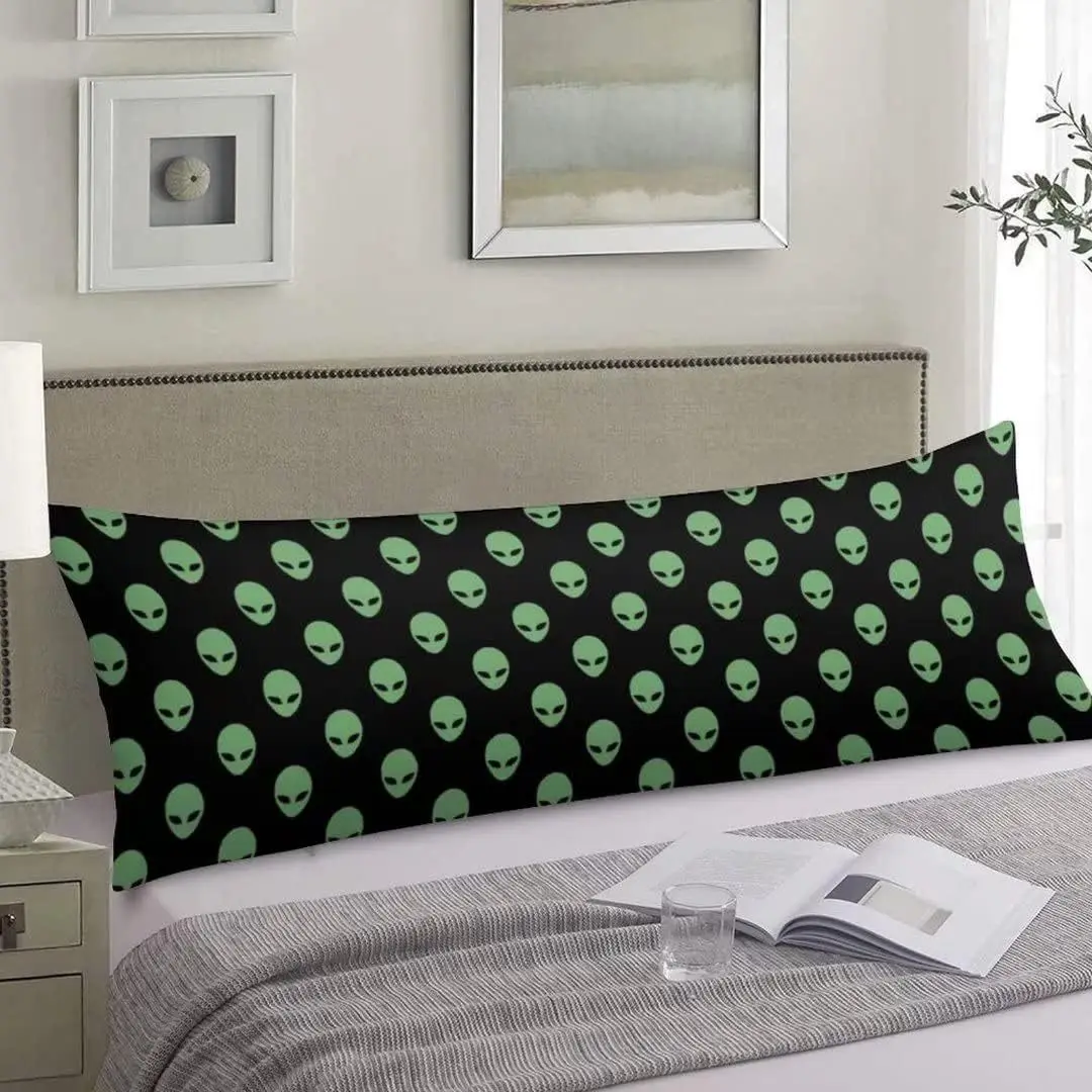 Supernatural Alien Body Pillow Cover, Retro Style with Zipper, Large Decorative Green Martian Beings Pillowcase Protector