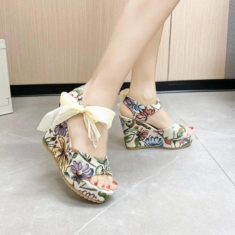 Hot Lace Leisure Women Wedges Heeled Women Shoes 2024 Summer Sandals Party Platform High Heels Shoes Woman