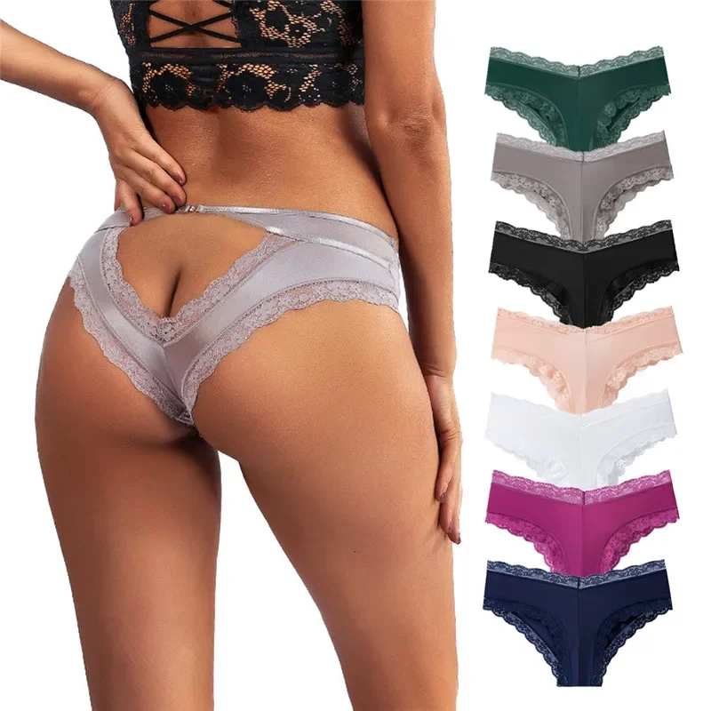 

7pcs Women Low Waist Ice Silk Briefs Seamless Sexy Lace Briefs Panties Underwear Lingerie Female Solid Color Temptation Panties