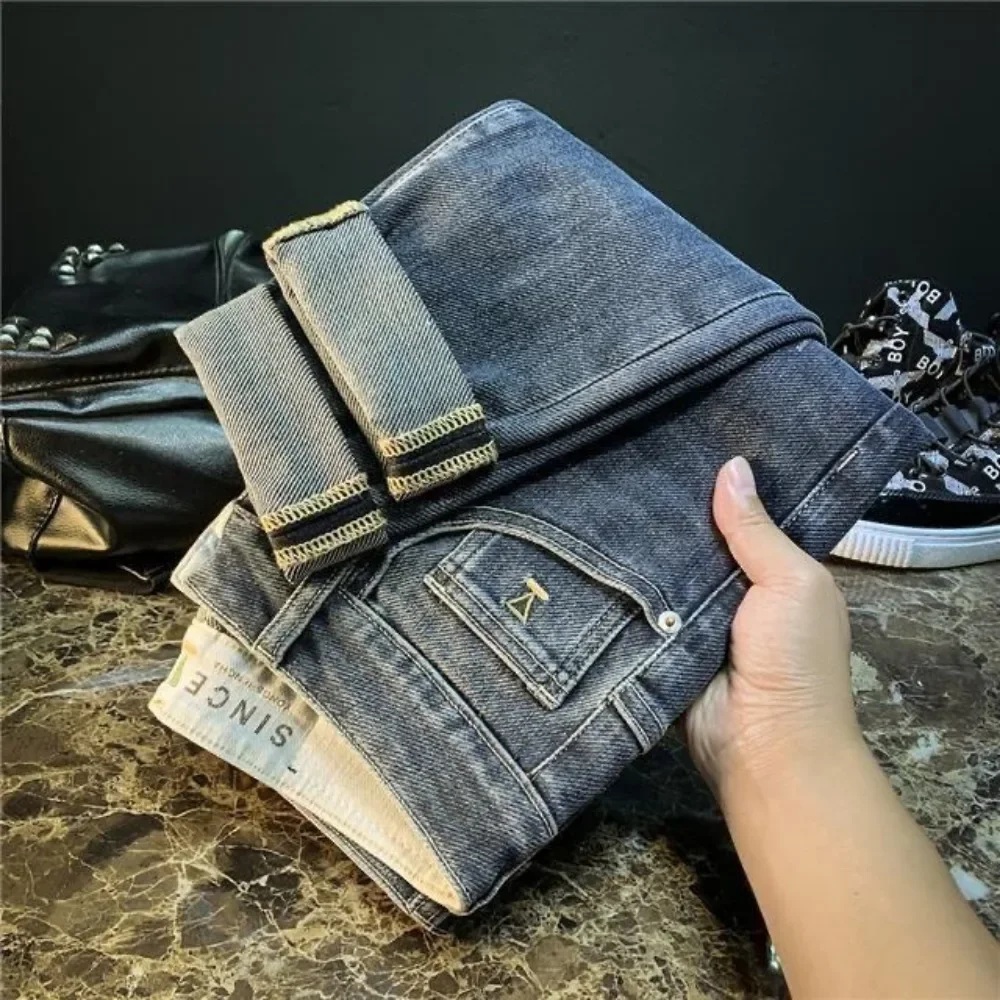 Pantalones vaqueros de diseñador de lujo para hombres, Jeans bordados de vaquero lavado de alta gama, pantalones casuales delgados coreanos, primavera y otoño, nuevo