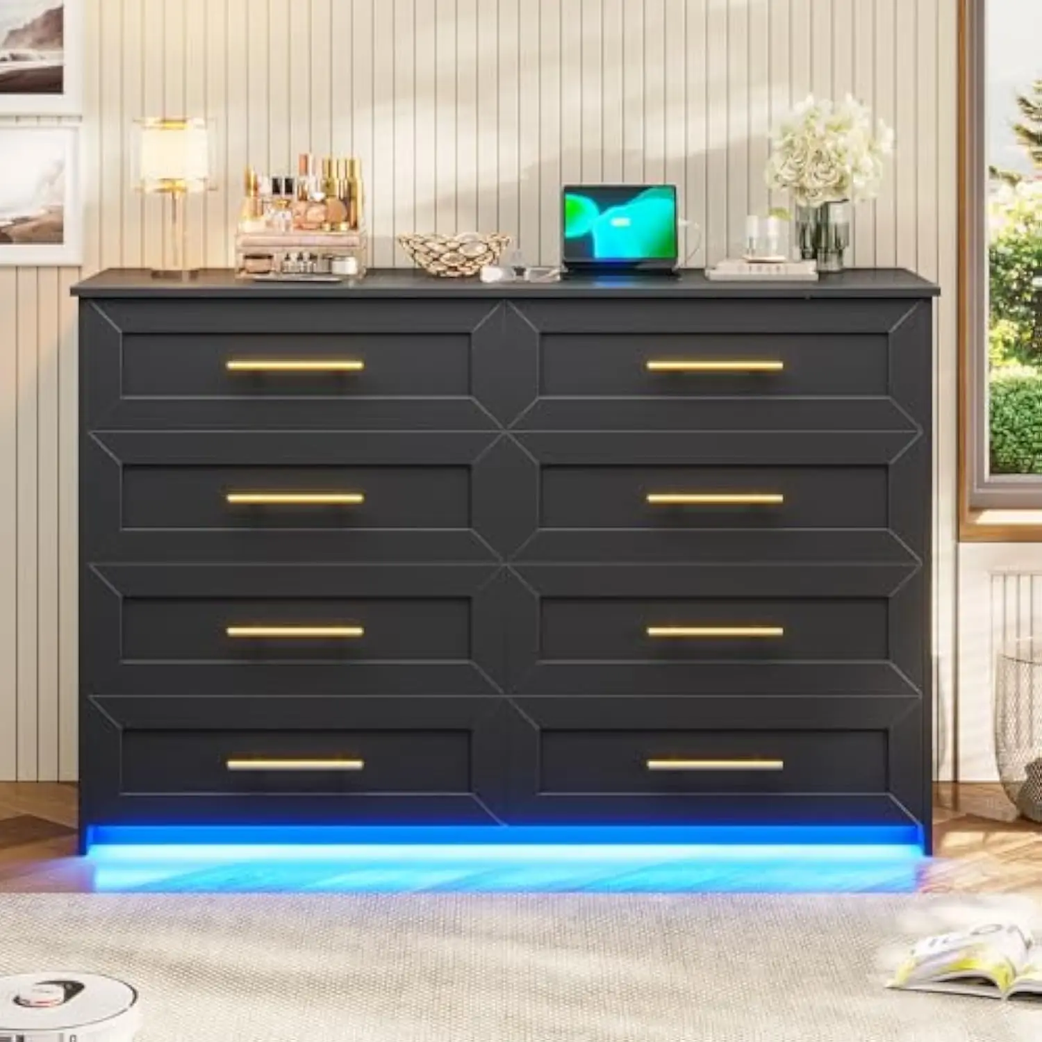 

Dresser for Bedroom with Charging Station, Black Dresser with 8 Drawers, Modern Bedroom Led Wood Tall Dresser for Bedroom