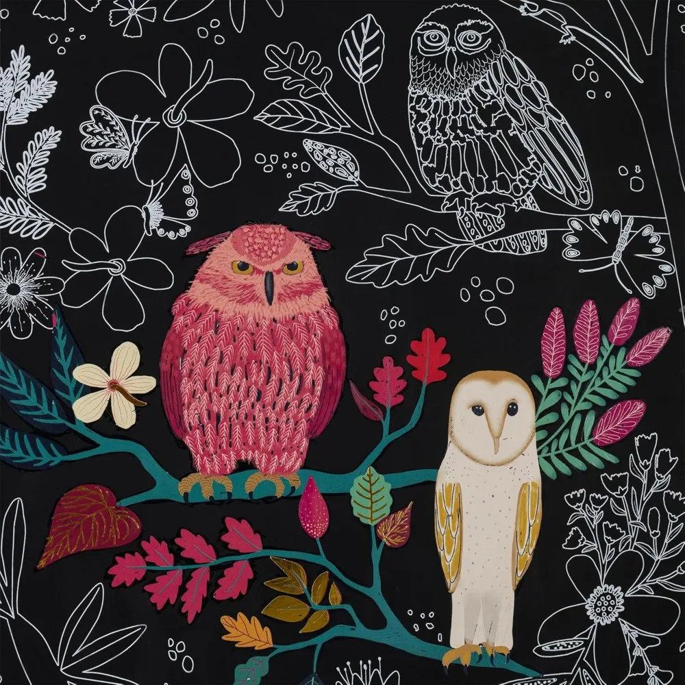 스크래치 아트 종이 패드 - 올빼미와 달, 금속 가이드 아트, 양방향 스타일러스 및 브러시