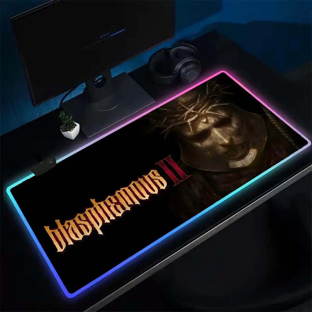 Gamer B-Blasphemous Mouse Pad Anime Gaming Mouse Pad LED Table Pads Backlit Rubber Desktop XXL Mousepad RGB Desk Mats